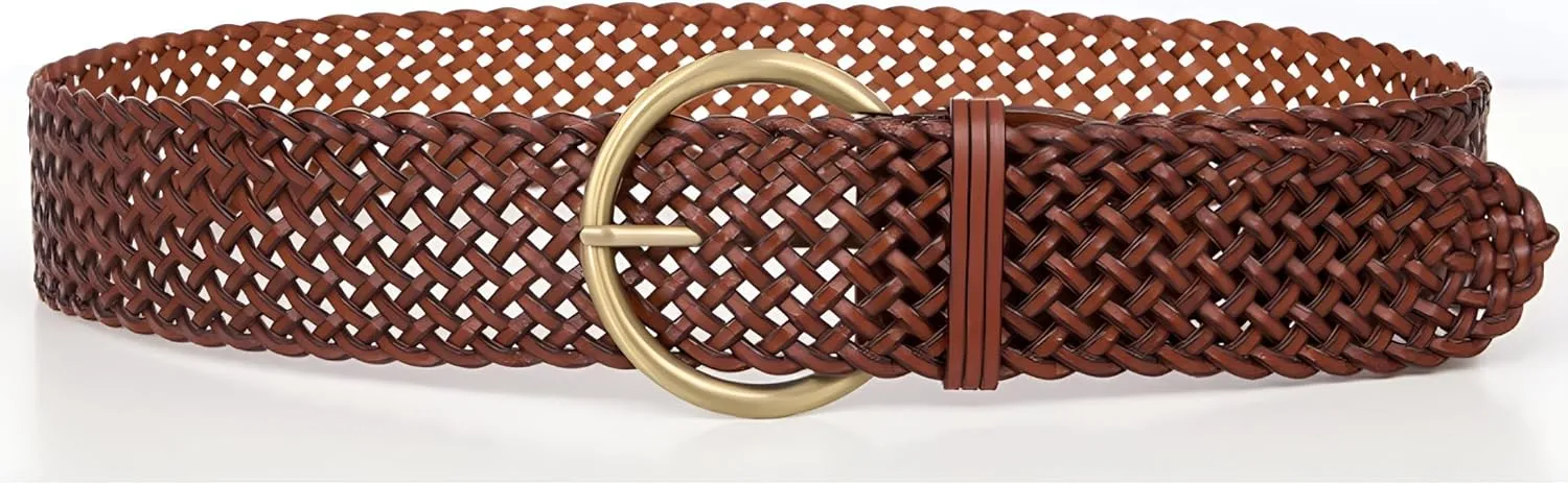2 Inch Wide Leather Braided Belts for Women Hand Made Soft Woven Waistbands with Round Golden Pin Buckle
