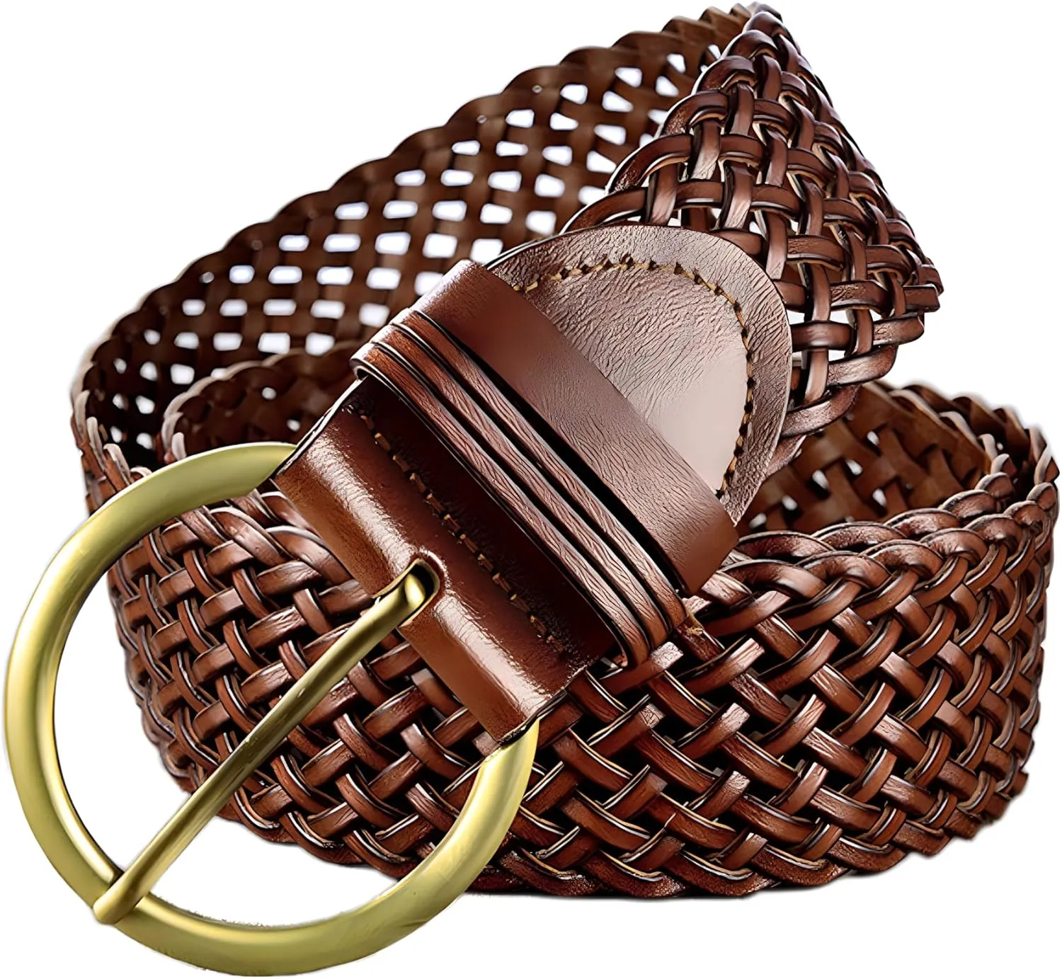 2 Inch Wide Leather Braided Belts for Women Hand Made Soft Woven Waistbands with Round Golden Pin Buckle