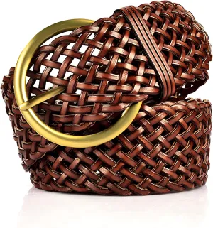 2 Inch Wide Leather Braided Belts for Women Hand Made Soft Woven Waistbands with Round Golden Pin Buckle