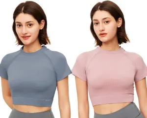 2 Pack Women Workout Crop Tops Short Sleeves Yoga Gym Athletic Shirts Running Tank Tops Slim Fit YLT3M131