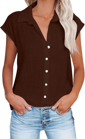 2024 Button Down Shirts for Women Lapel V Neck Dressy Linen Tops Summer Rollup Cap Sleeve Blouses Plus Size Tee Shirt