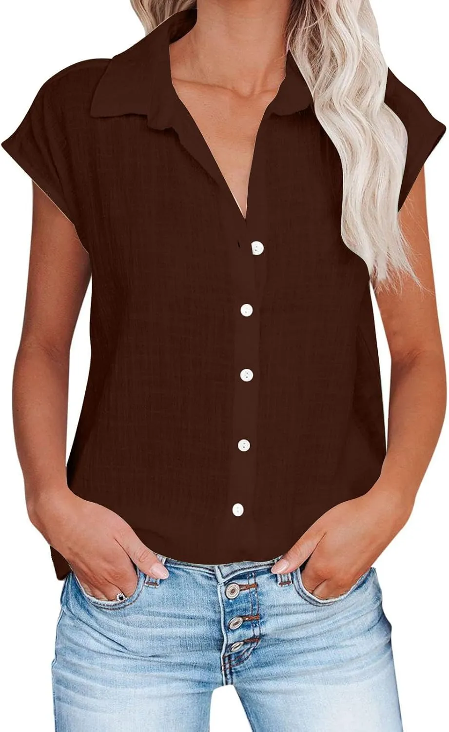 2024 Button Down Shirts for Women Lapel V Neck Dressy Linen Tops Summer Rollup Cap Sleeve Blouses Plus Size Tee Shirt