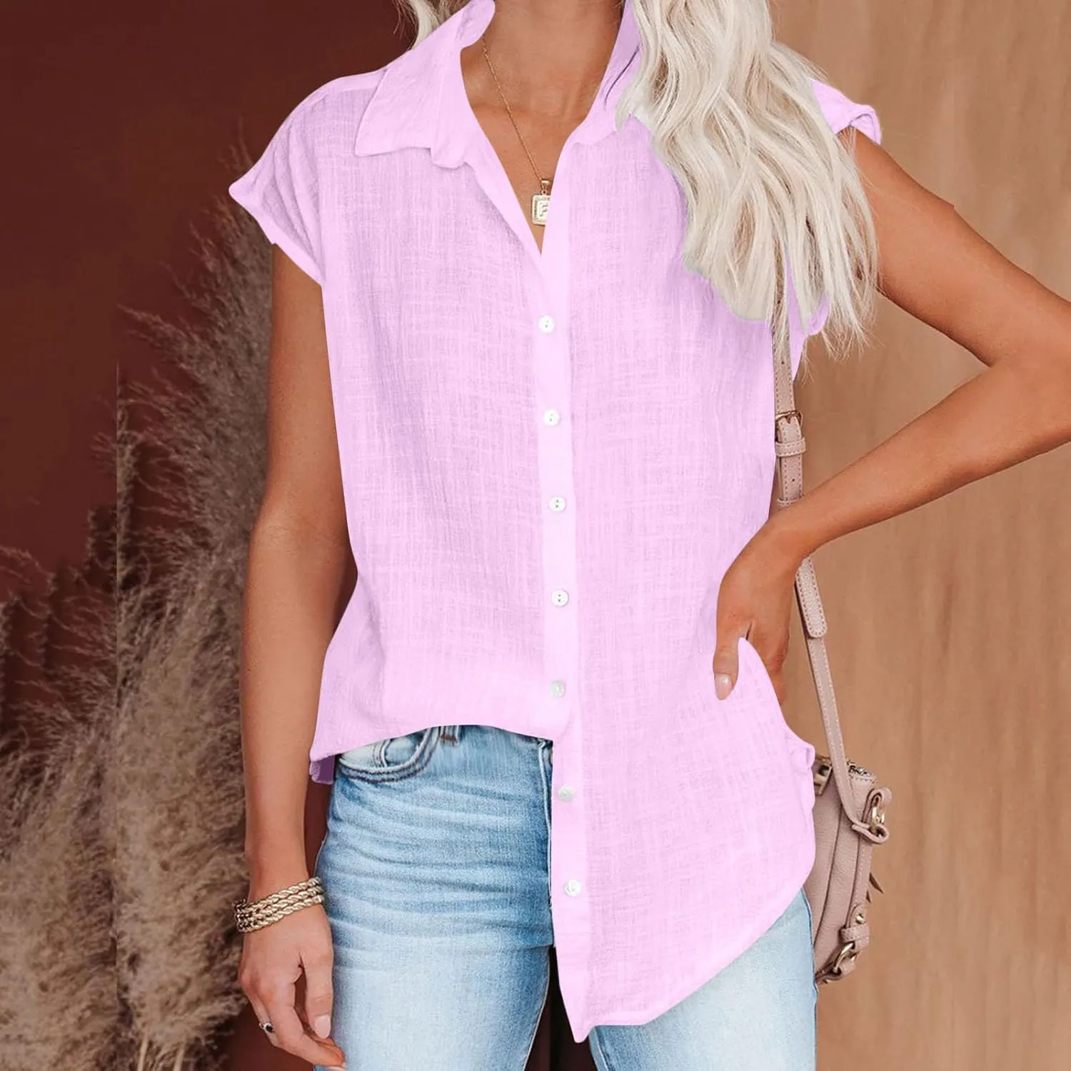 2024 Button Down Shirts for Women Lapel V Neck Dressy Linen Tops Summer Rollup Cap Sleeve Blouses Plus Size Tee Shirt