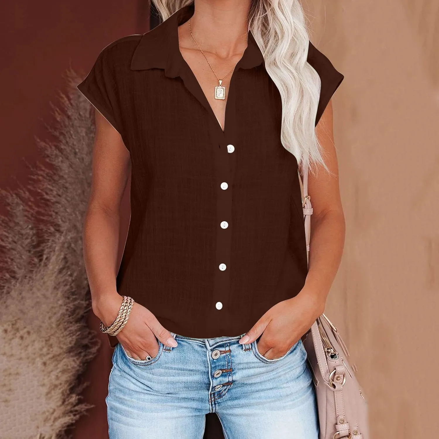 2024 Button Down Shirts for Women Lapel V Neck Dressy Linen Tops Summer Rollup Cap Sleeve Blouses Plus Size Tee Shirt