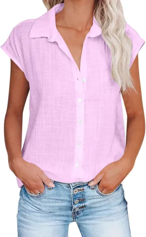 2024 Button Down Shirts for Women Lapel V Neck Dressy Linen Tops Summer Rollup Cap Sleeve Blouses Plus Size Tee Shirt