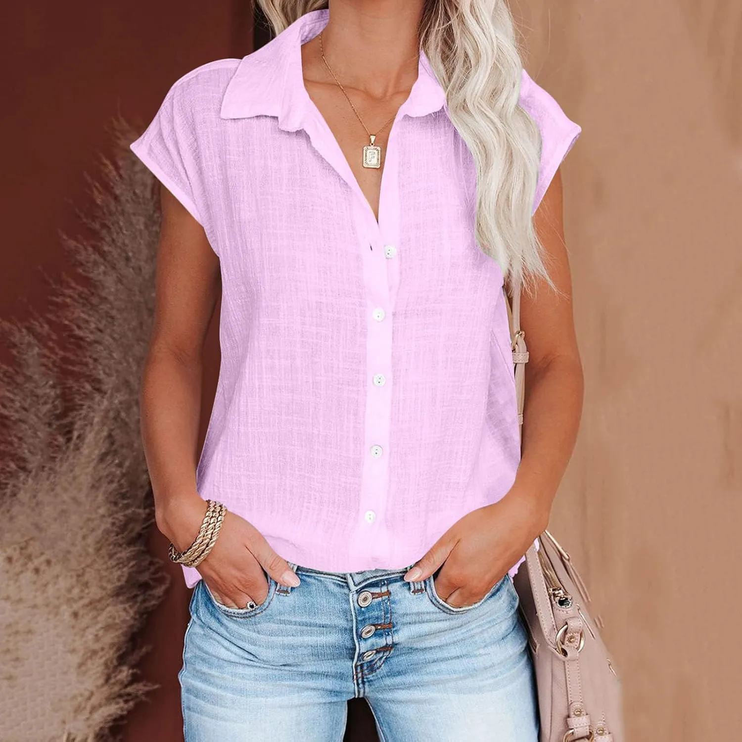 2024 Button Down Shirts for Women Lapel V Neck Dressy Linen Tops Summer Rollup Cap Sleeve Blouses Plus Size Tee Shirt