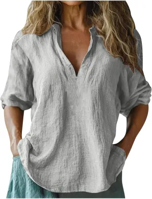 2025 Summer Linen Shirts for Women Casual 3/4 Sleeve Loose Fit Tops Oversized V Neck Cotton Linen Tshirt Beach Tees
