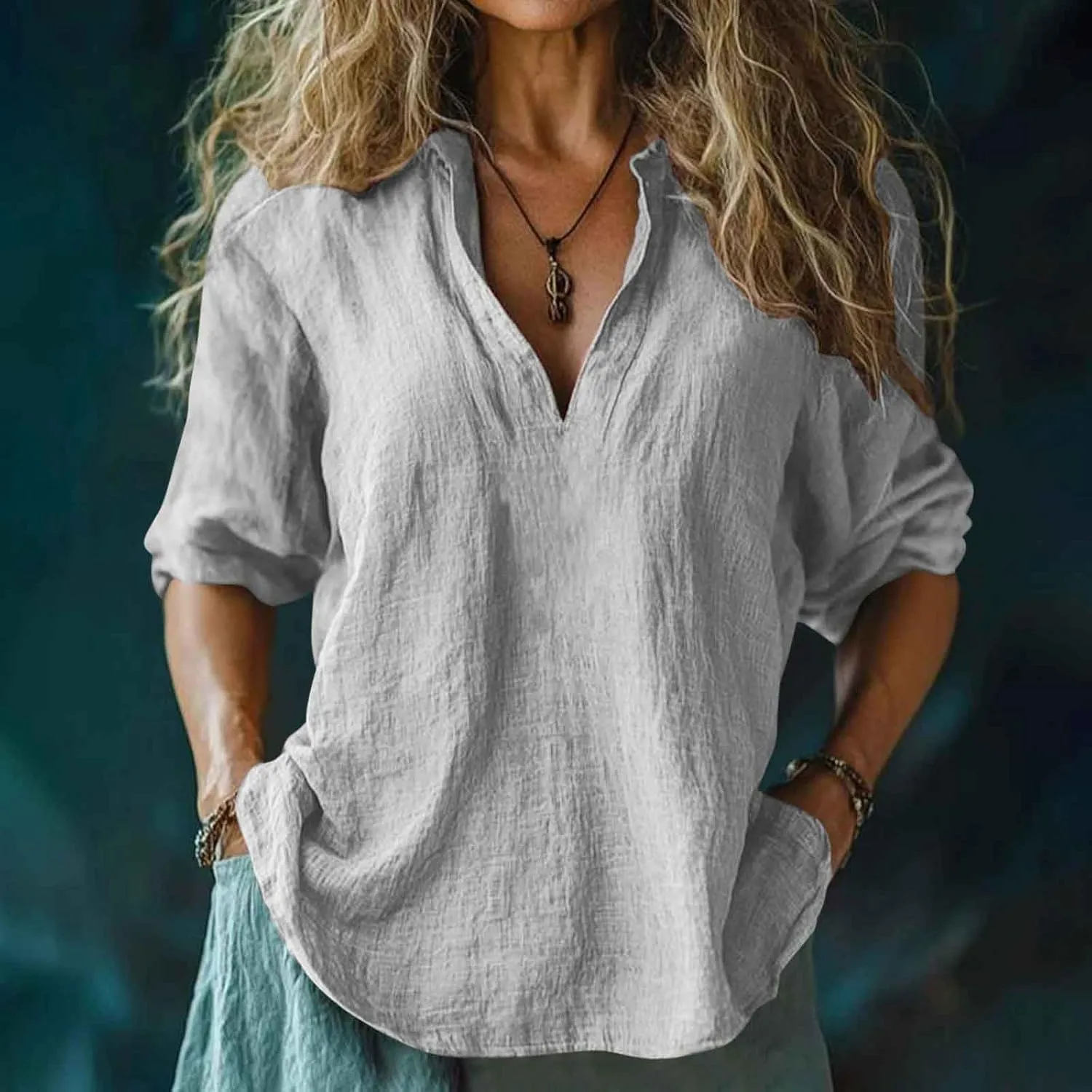 2025 Summer Linen Shirts for Women Casual 3/4 Sleeve Loose Fit Tops Oversized V Neck Cotton Linen Tshirt Beach Tees
