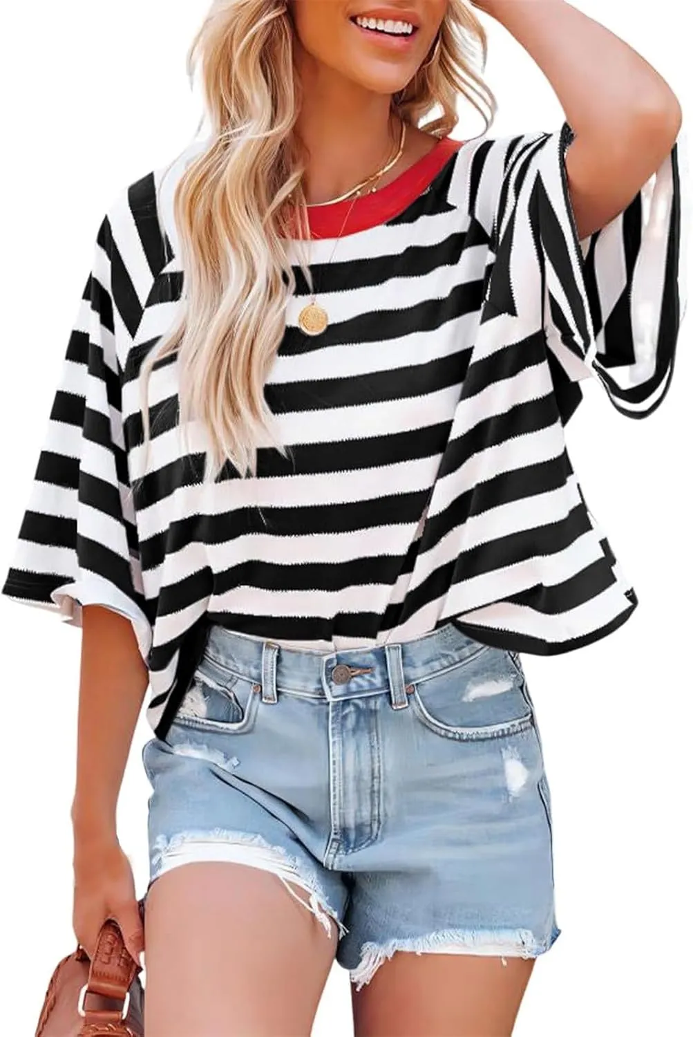 3/4 Length Sleeve Womens Tops Oversized Striped Color Block Tshirts Crew Neck T-Shirt Casual Loose Pullover