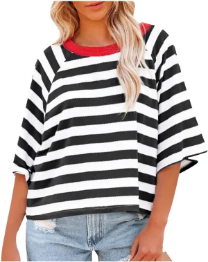 3/4 Length Sleeve Womens Tops Oversized Striped Color Block Tshirts Crew Neck T-Shirt Casual Loose Pullover