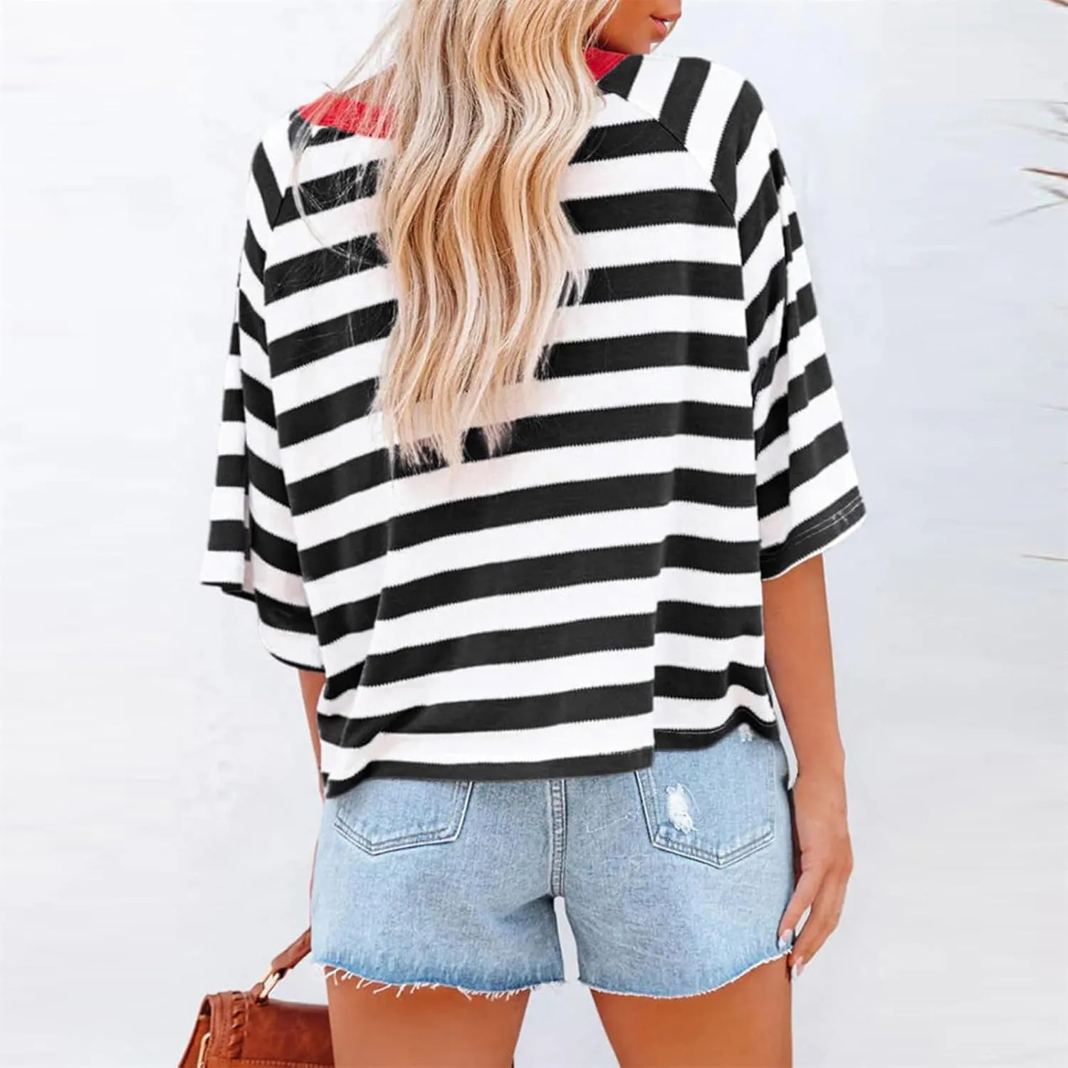 3/4 Length Sleeve Womens Tops Oversized Striped Color Block Tshirts Crew Neck T-Shirt Casual Loose Pullover