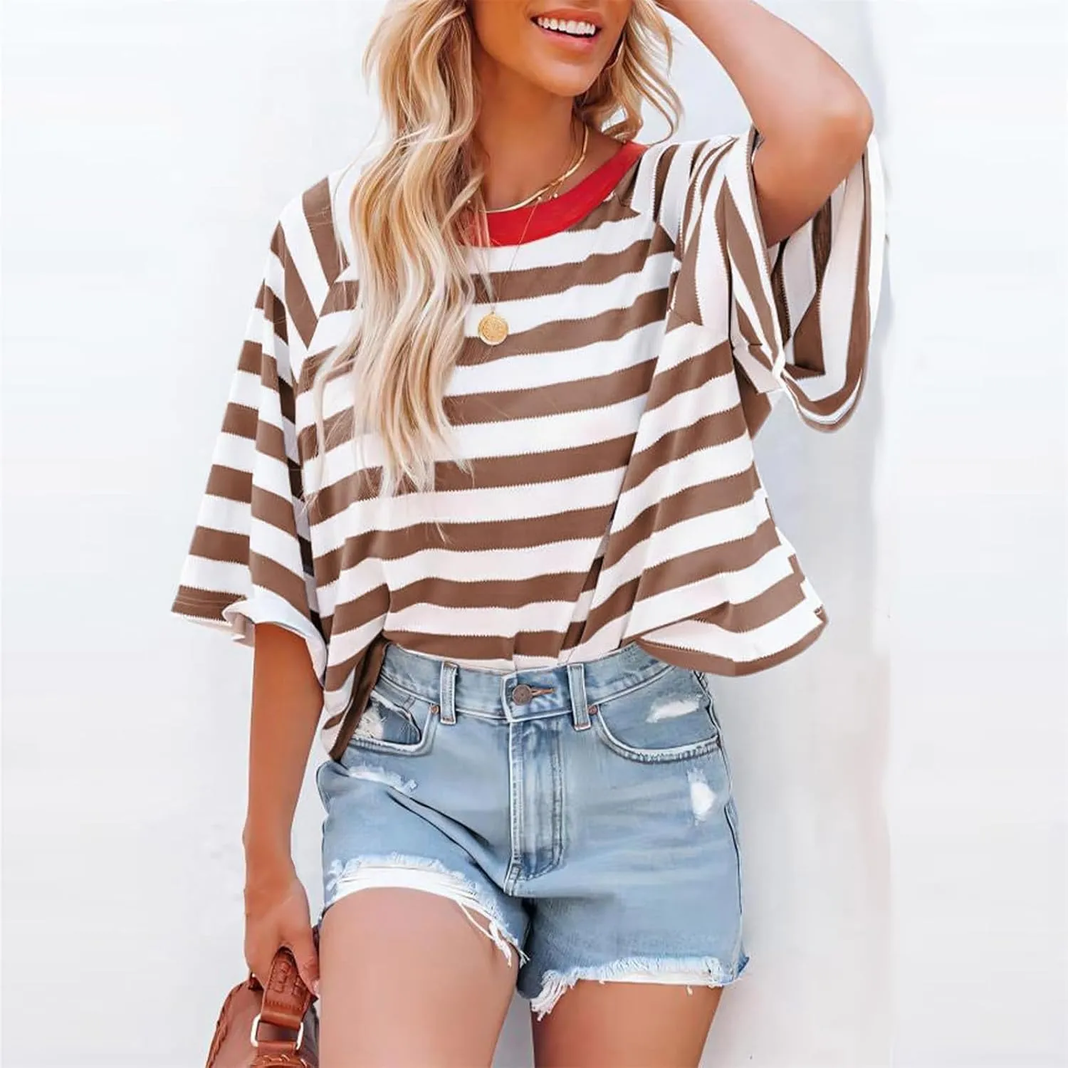 3/4 Length Sleeve Womens Tops Oversized Striped Color Block Tshirts Crew Neck T-Shirt Casual Loose Pullover