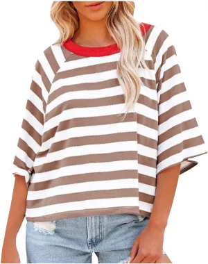 3/4 Length Sleeve Womens Tops Oversized Striped Color Block Tshirts Crew Neck T-Shirt Casual Loose Pullover
