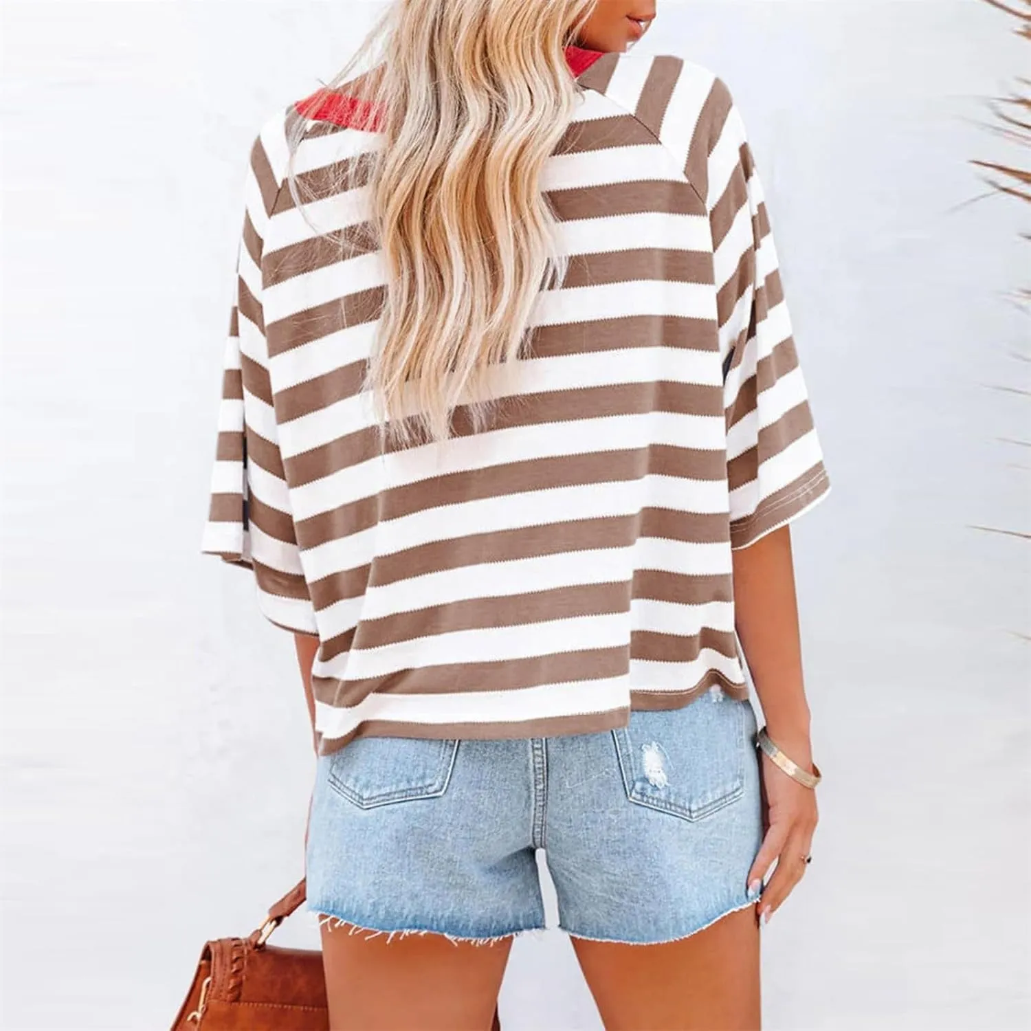 3/4 Length Sleeve Womens Tops Oversized Striped Color Block Tshirts Crew Neck T-Shirt Casual Loose Pullover