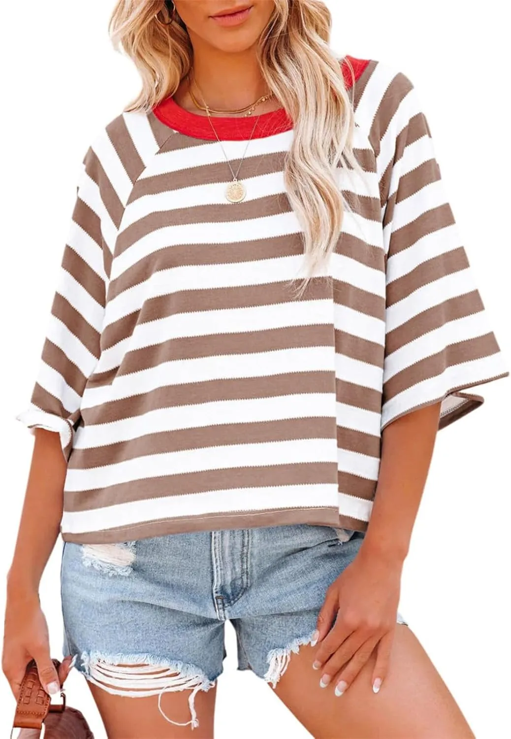 3/4 Length Sleeve Womens Tops Oversized Striped Color Block Tshirts Crew Neck T-Shirt Casual Loose Pullover