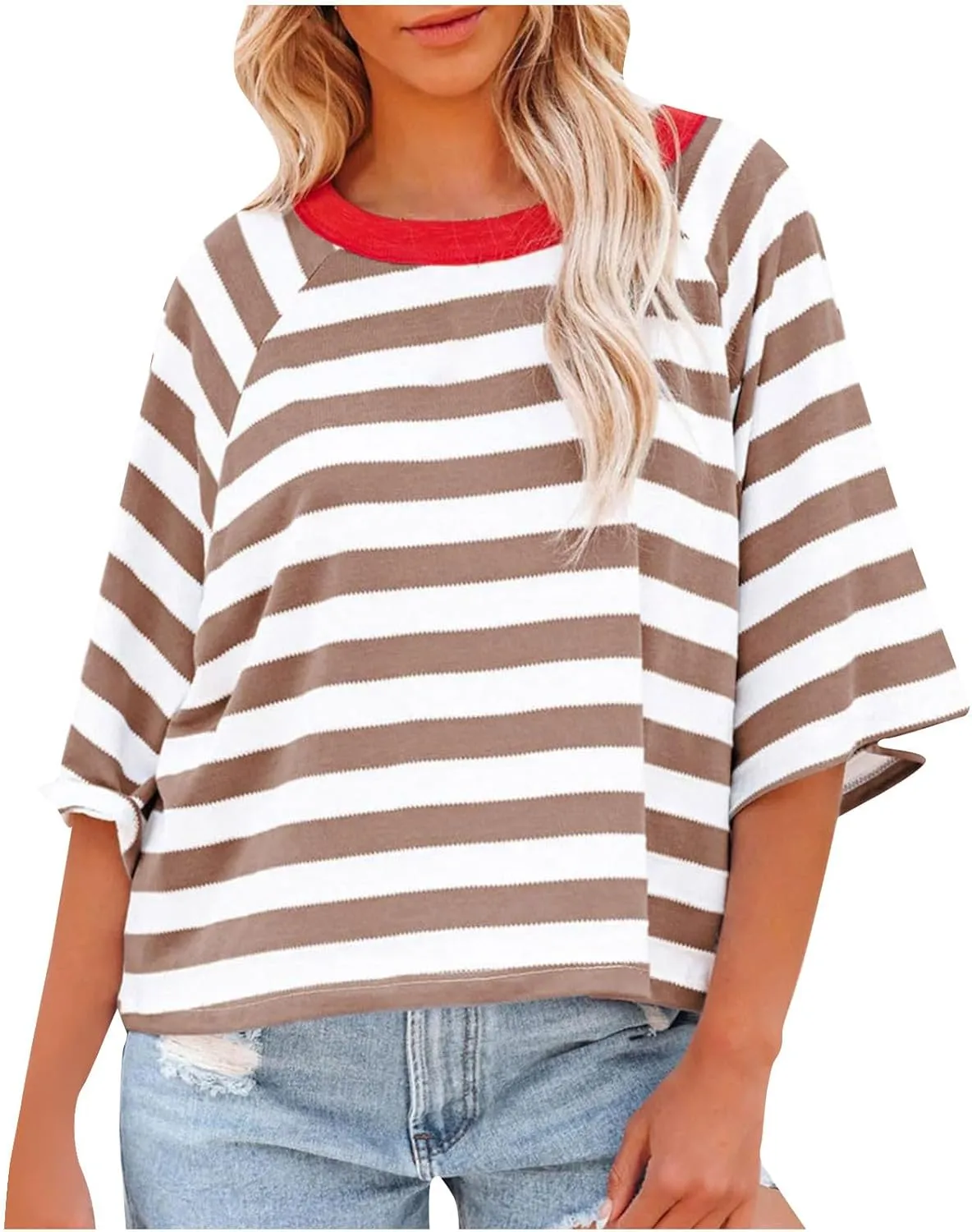 3/4 Length Sleeve Womens Tops Oversized Striped Color Block Tshirts Crew Neck T-Shirt Casual Loose Pullover