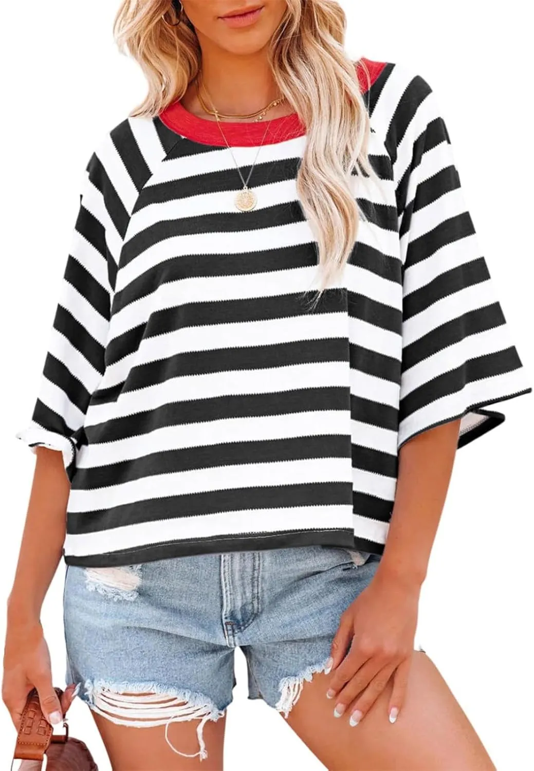3/4 Length Sleeve Womens Tops Oversized Striped Color Block Tshirts Crew Neck T-Shirt Casual Loose Pullover
