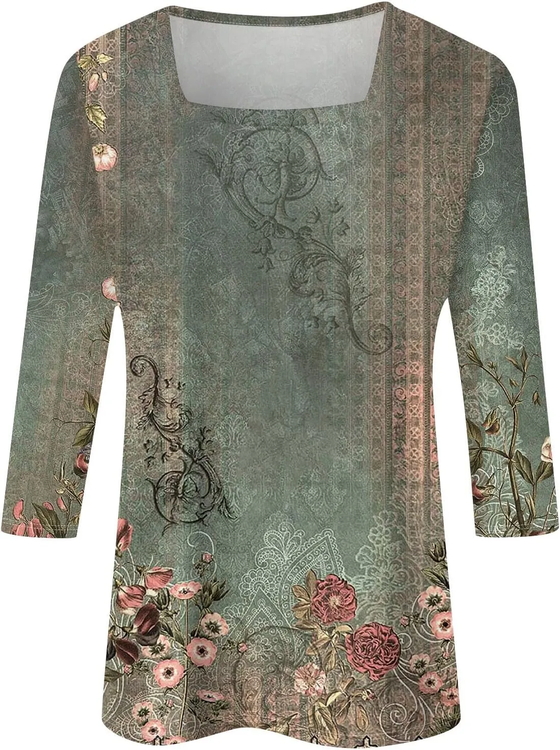 3/4 Sleeve Tops for Women Square Neck Summer T Shirts Casual Dressy Trendy Blouses Color Block Print Loose Fit Tunics