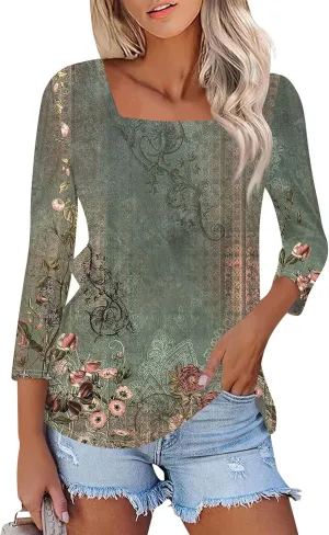 3/4 Sleeve Tops for Women Square Neck Summer T Shirts Casual Dressy Trendy Blouses Color Block Print Loose Fit Tunics