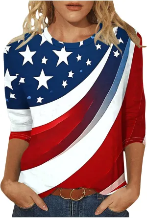 4th of July Shirts Women American Flag 3/4 Sleeve Shirt Independence Day Tops Casual Summer T Shirt Patriotic Tees