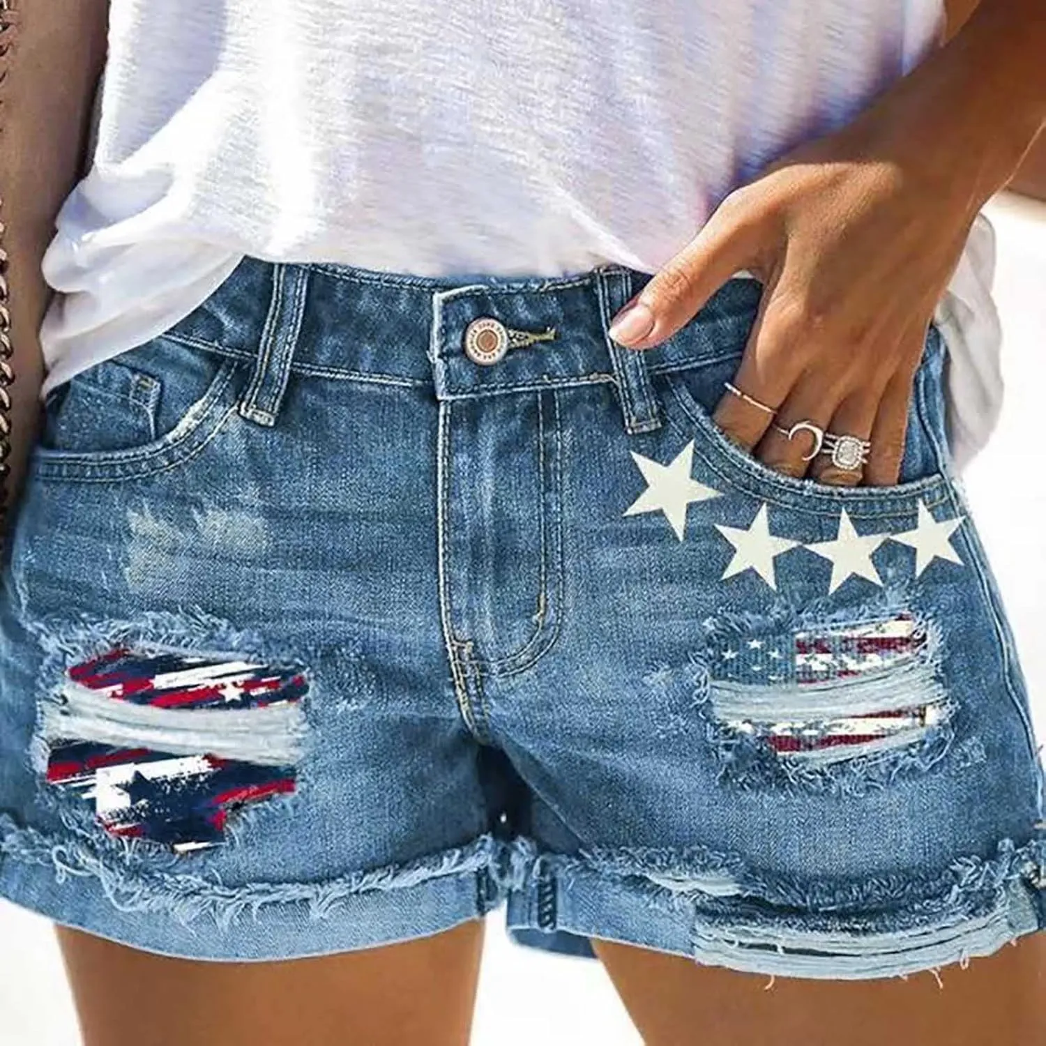 4th of July Women Star Stripe Patriotic Ripped Denim Shorts Summer Frayed Rolled Hem Stretch Button Fly Jean Shorts
