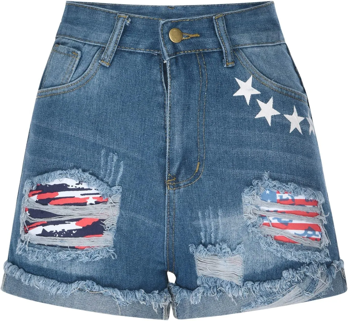 4th of July Women Star Stripe Patriotic Ripped Denim Shorts Summer Frayed Rolled Hem Stretch Button Fly Jean Shorts