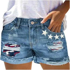 4th of July Women Star Stripe Patriotic Ripped Denim Shorts Summer Frayed Rolled Hem Stretch Button Fly Jean Shorts
