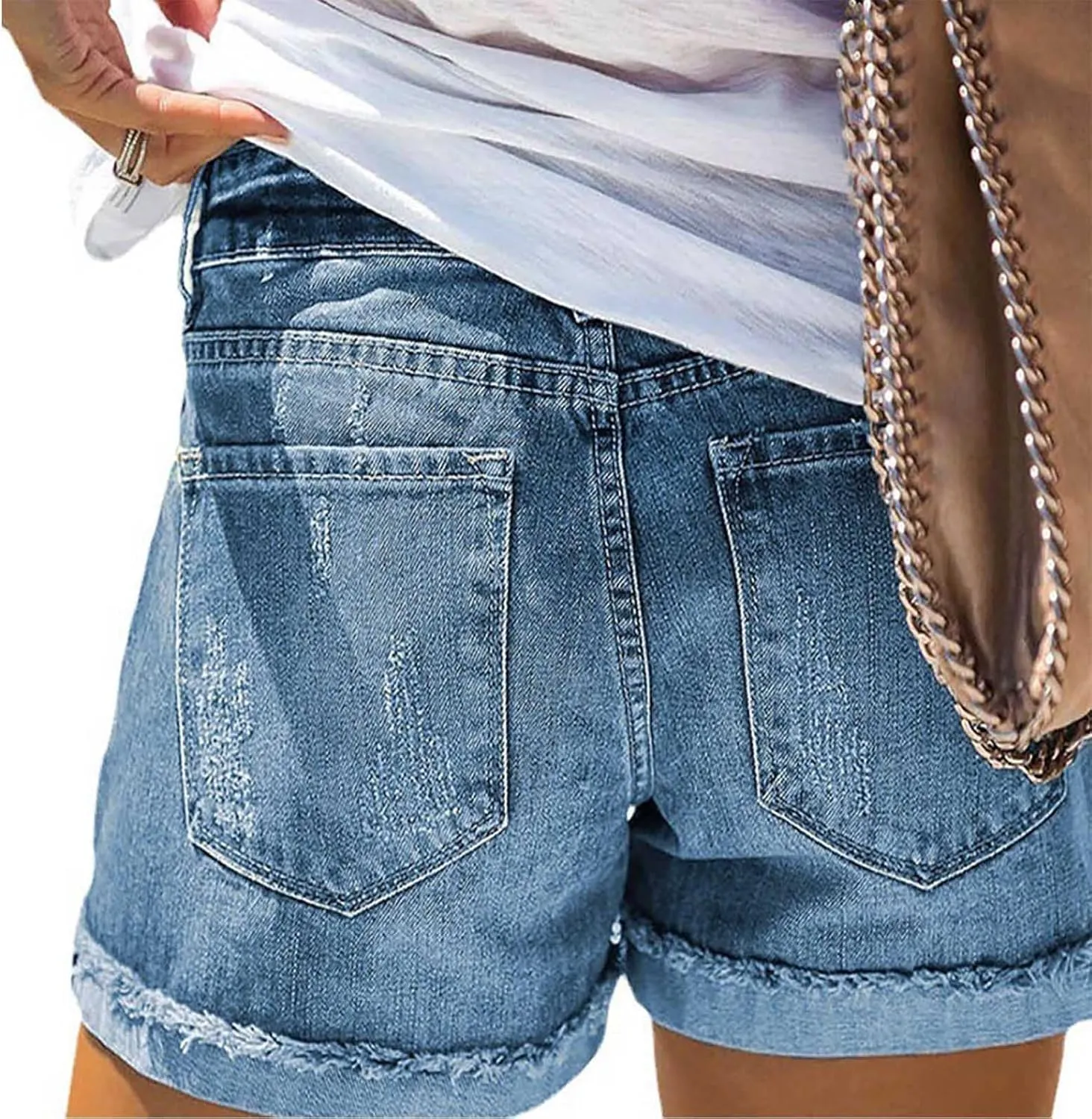 4th of July Women Star Stripe Patriotic Ripped Denim Shorts Summer Frayed Rolled Hem Stretch Button Fly Jean Shorts