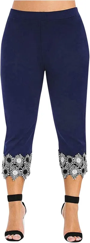 7/8 Leggings with Pockets for Women Plus Size High Waisted Capri Cropped Leggings Stretch Lace Trim Soft Tights Yoga Pants