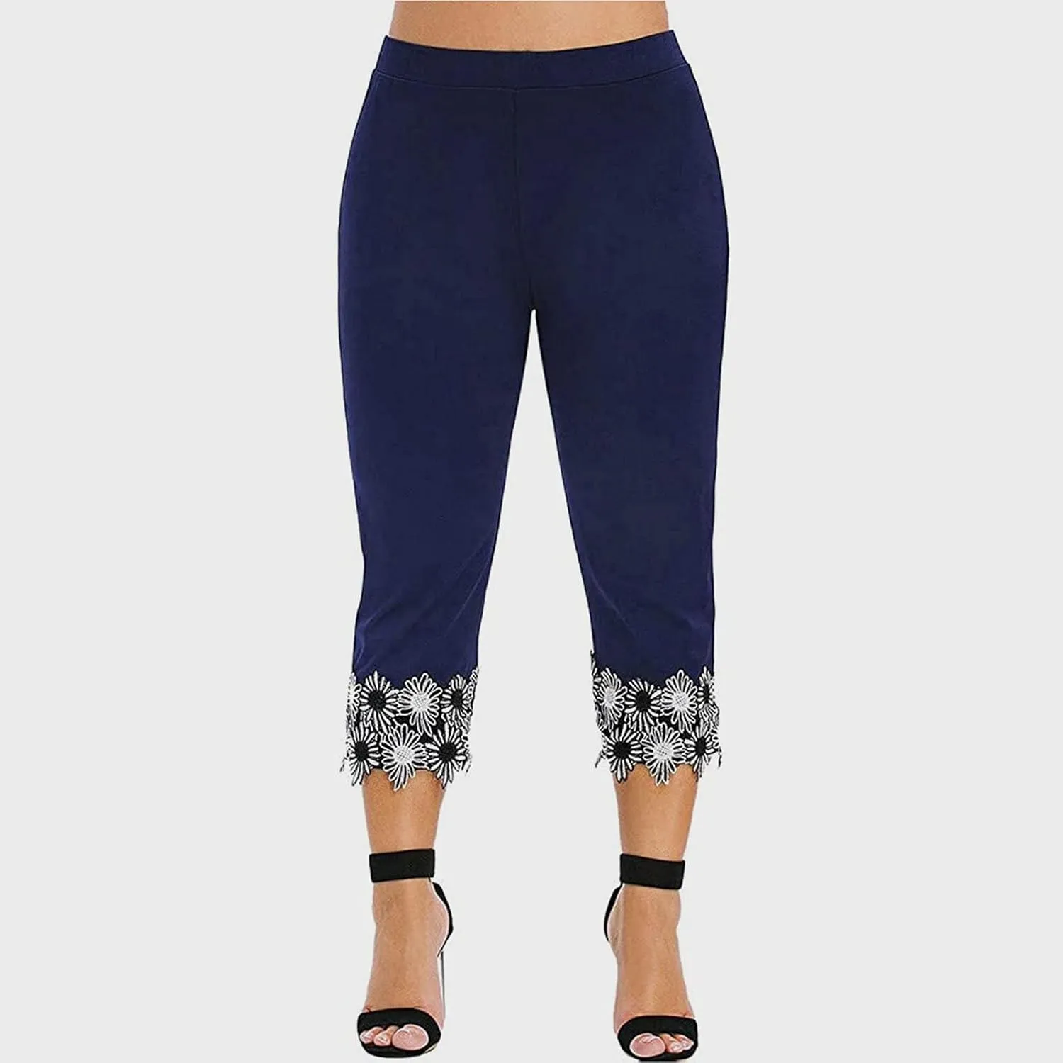 7/8 Leggings with Pockets for Women Plus Size High Waisted Capri Cropped Leggings Stretch Lace Trim Soft Tights Yoga Pants