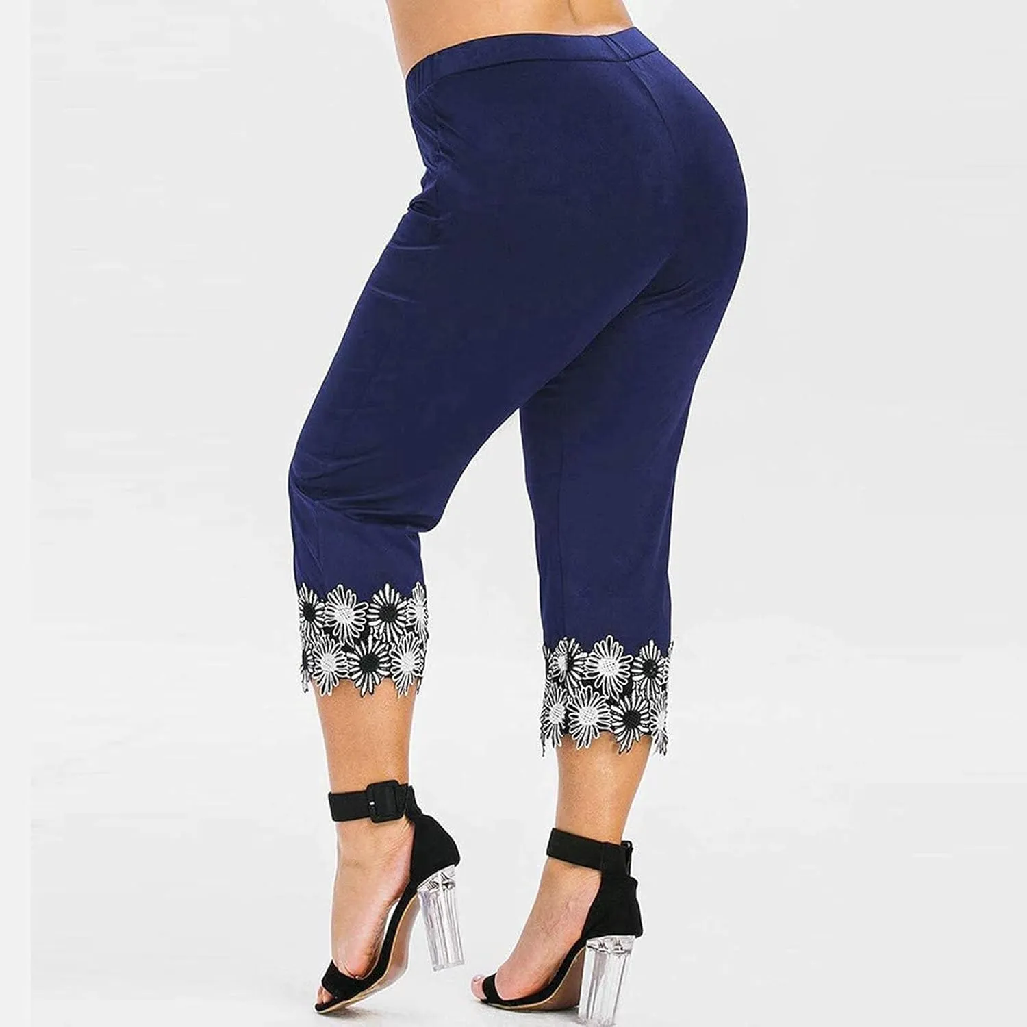 7/8 Leggings with Pockets for Women Plus Size High Waisted Capri Cropped Leggings Stretch Lace Trim Soft Tights Yoga Pants