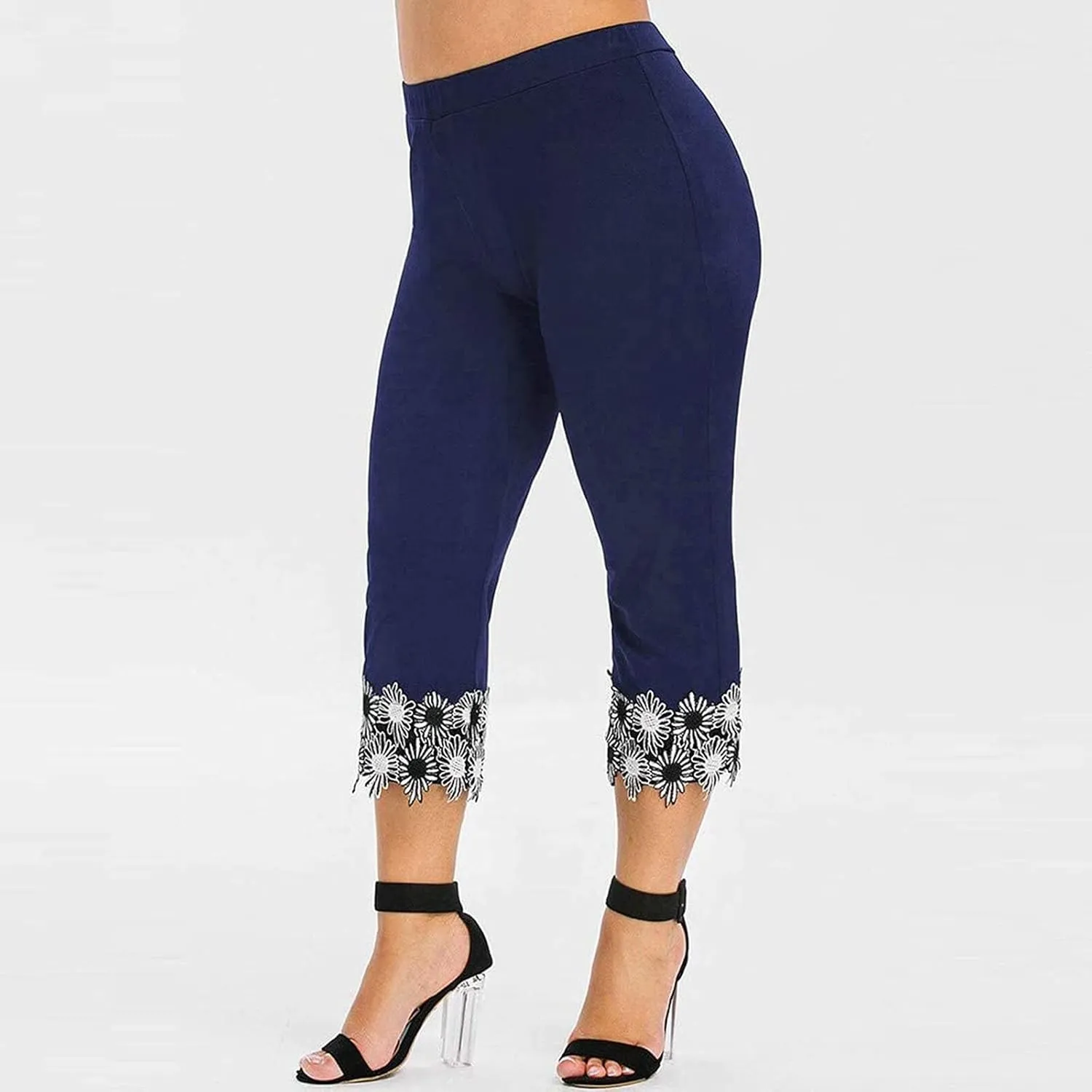 7/8 Leggings with Pockets for Women Plus Size High Waisted Capri Cropped Leggings Stretch Lace Trim Soft Tights Yoga Pants