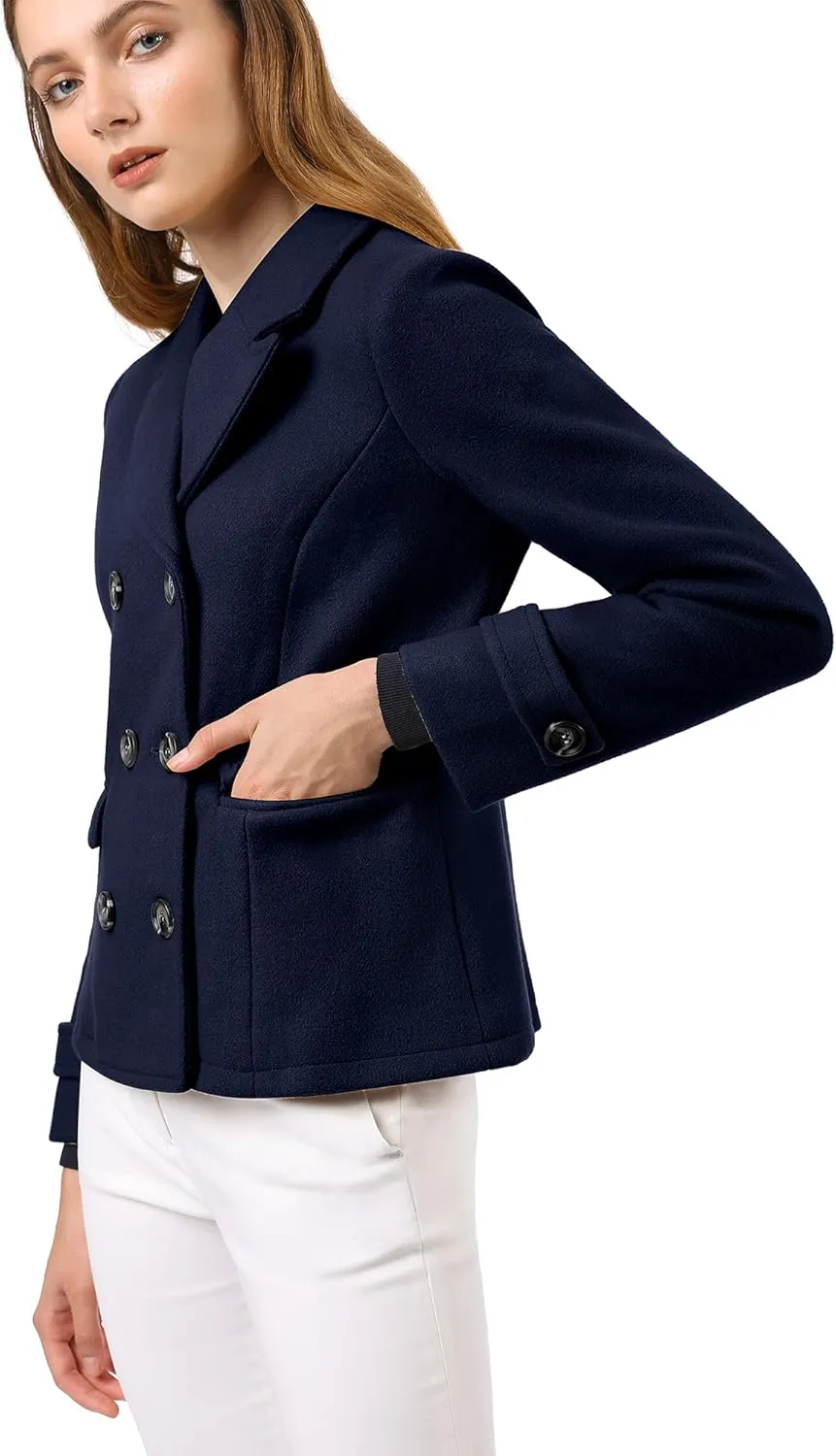 Allegra K Women's Notched Lapel Double Breasted Pea Coat
