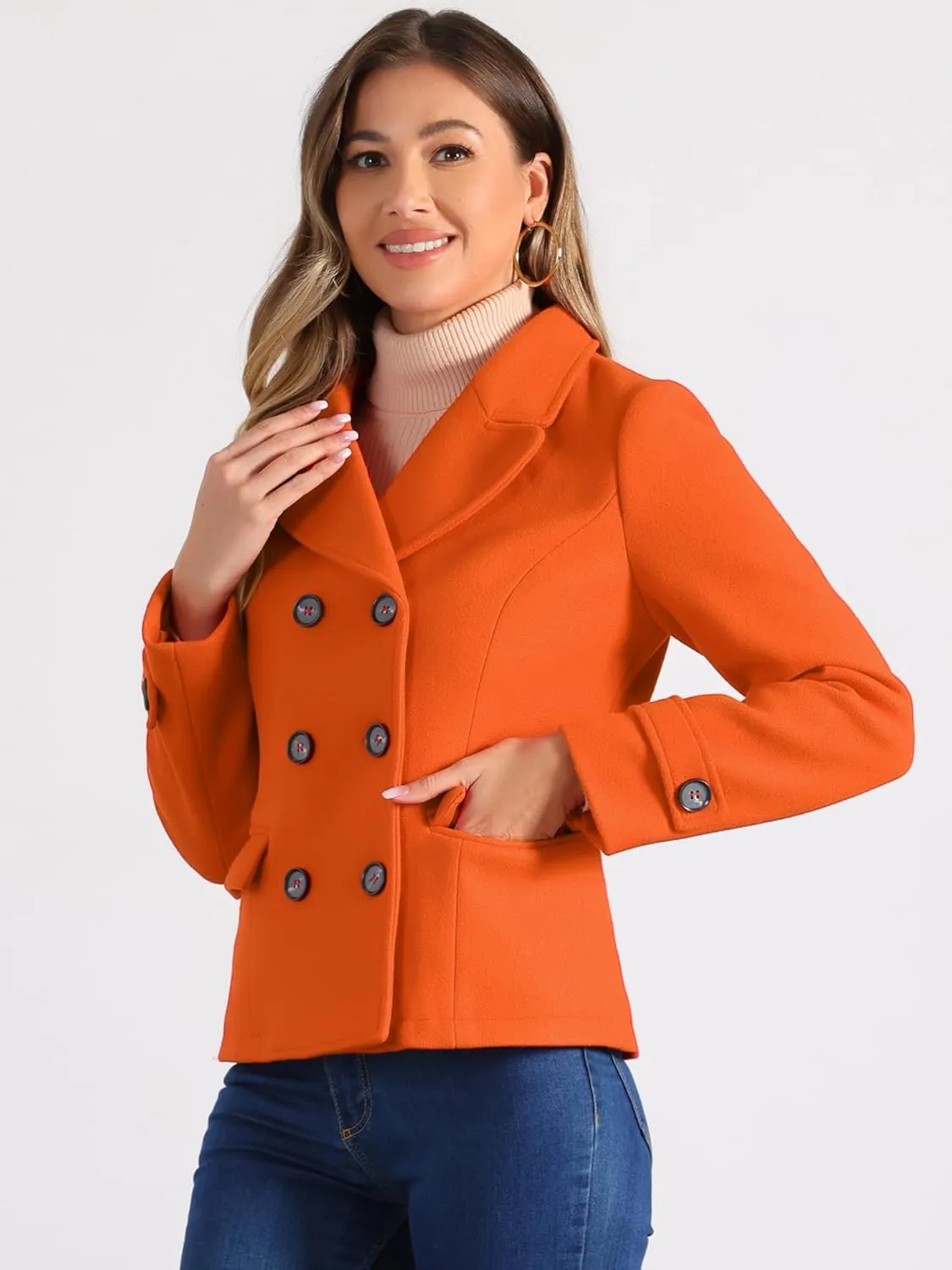Allegra K Women's Notched Lapel Double Breasted Pea Coat