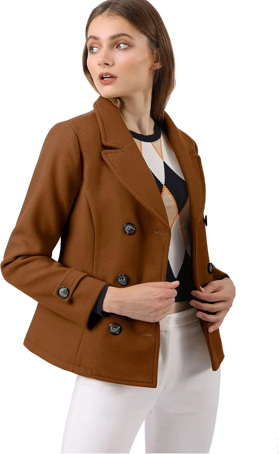 Allegra K Women's Notched Lapel Double Breasted Pea Coat