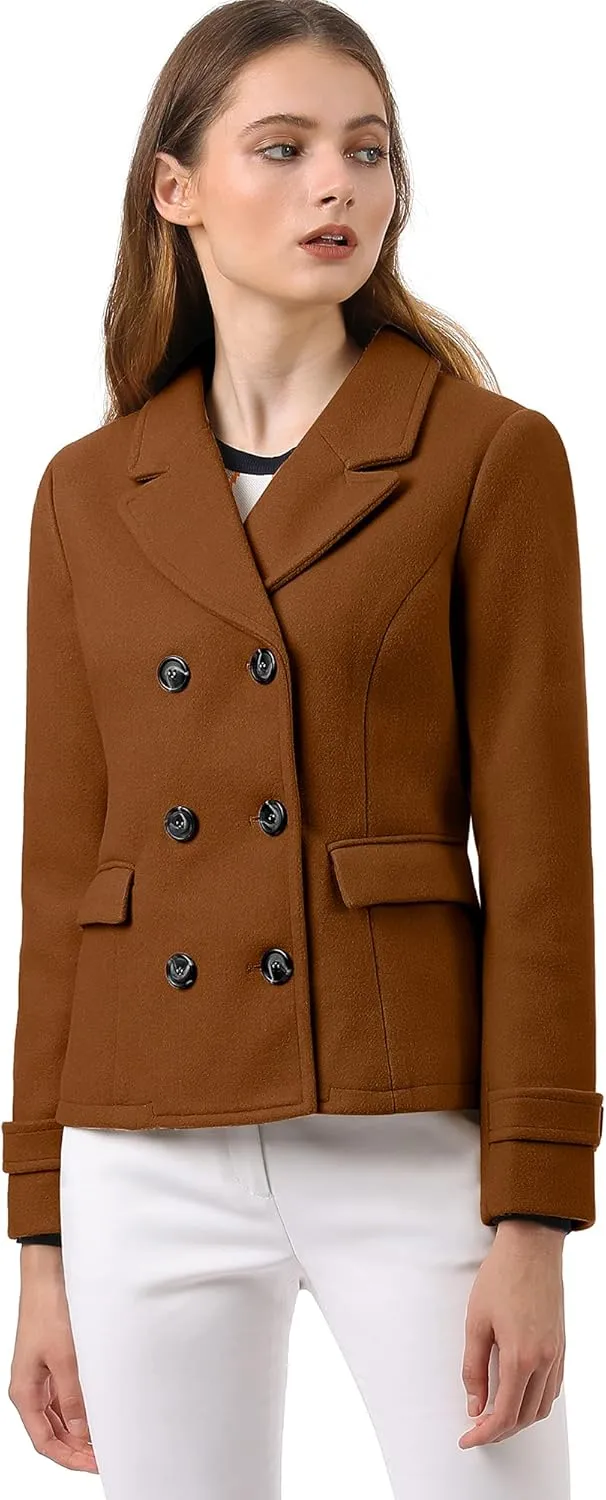 Allegra K Women's Notched Lapel Double Breasted Pea Coat