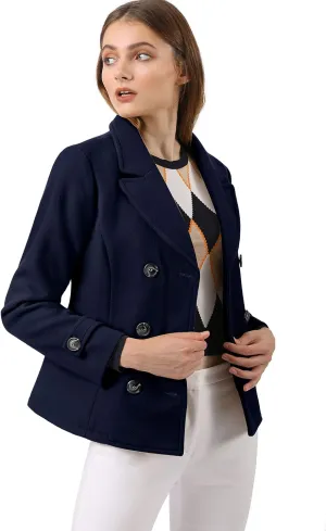 Allegra K Women's Notched Lapel Double Breasted Pea Coat