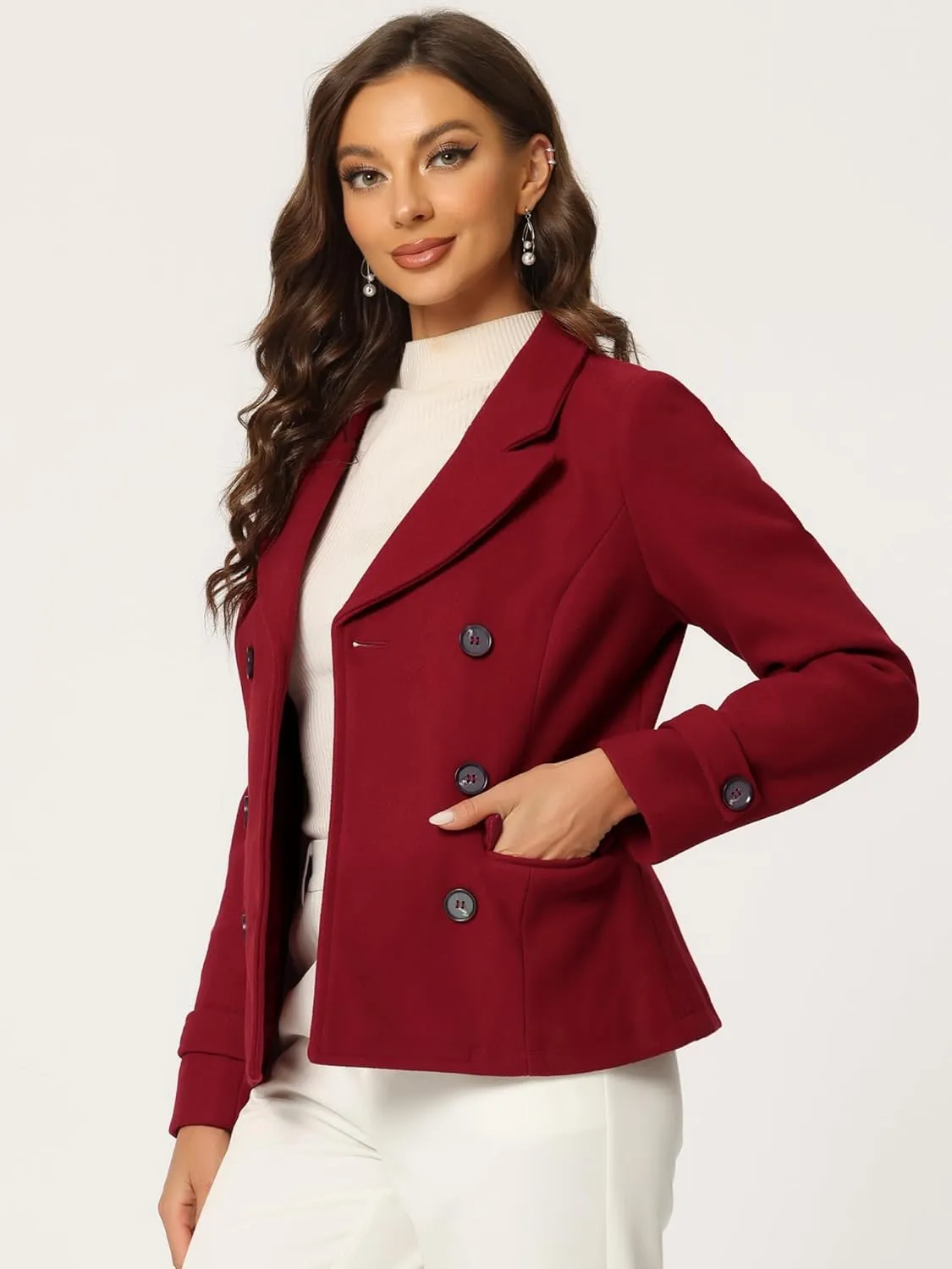 Allegra K Women's Notched Lapel Double Breasted Pea Coat