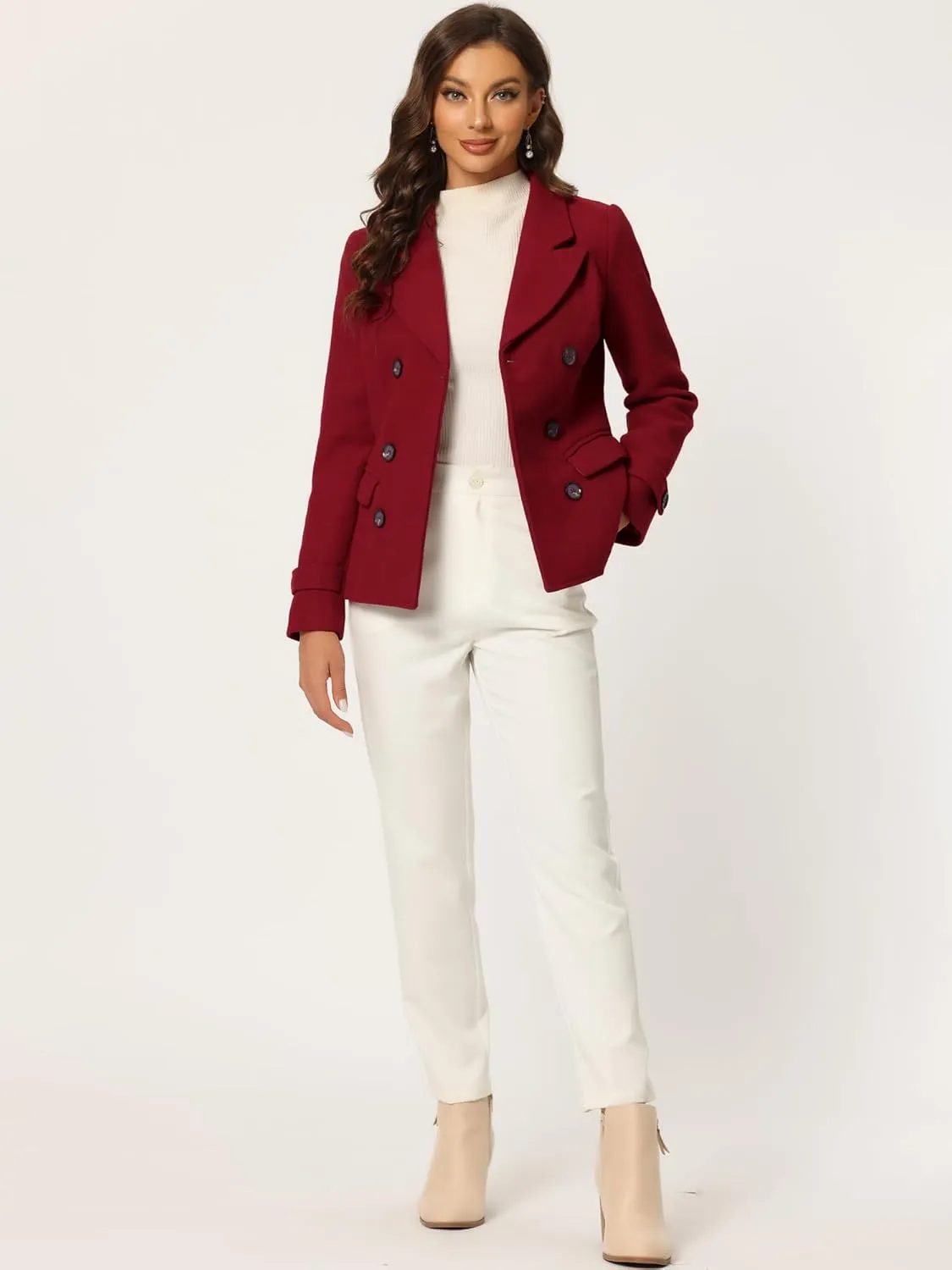 Allegra K Women's Notched Lapel Double Breasted Pea Coat