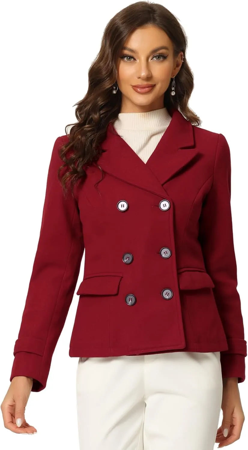 Allegra K Women's Notched Lapel Double Breasted Pea Coat