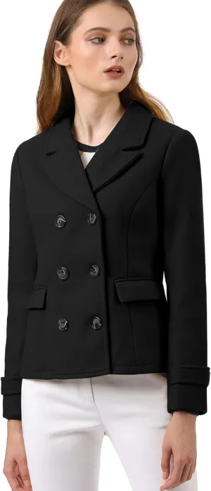 Allegra K Women's Notched Lapel Double Breasted Pea Coat