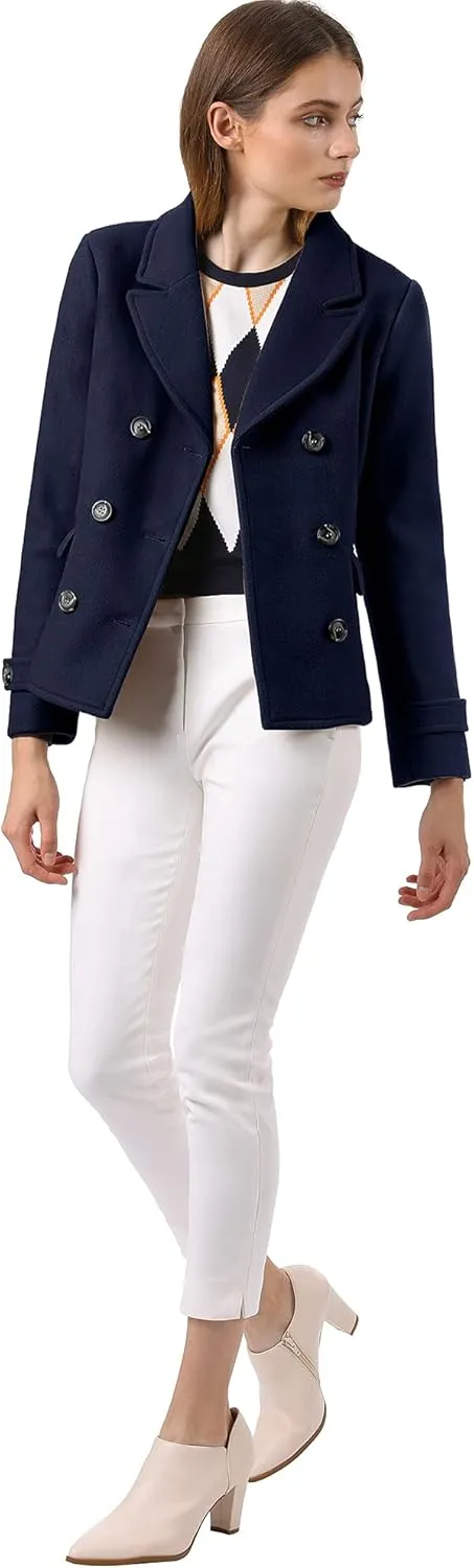 Allegra K Women's Notched Lapel Double Breasted Pea Coat