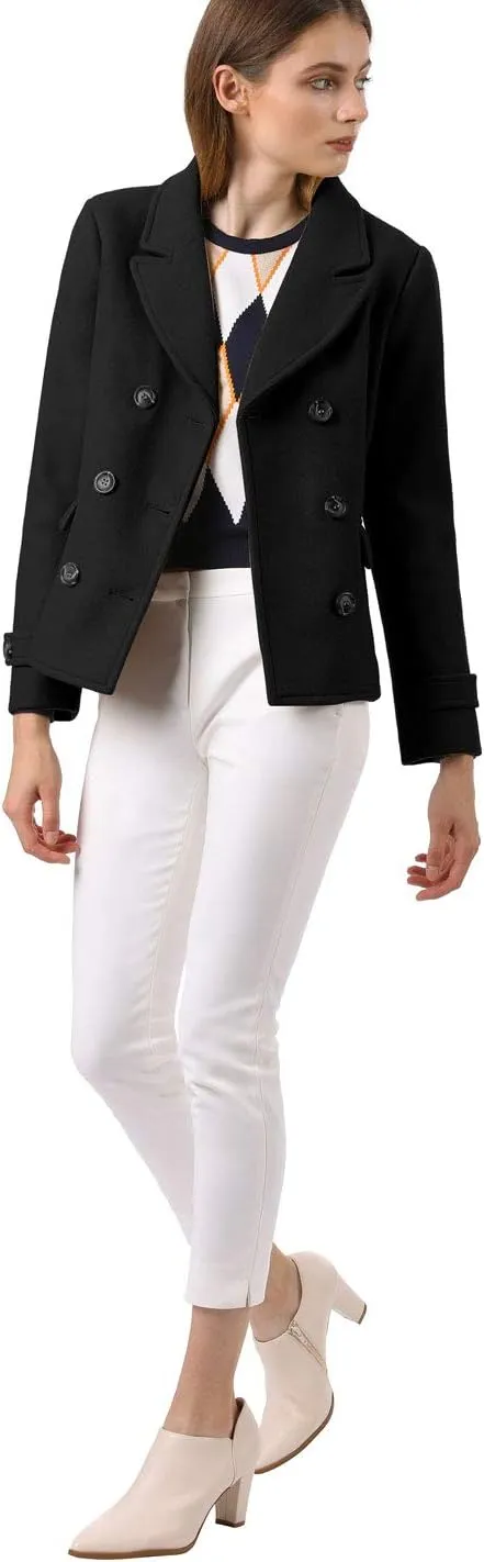 Allegra K Women's Notched Lapel Double Breasted Pea Coat