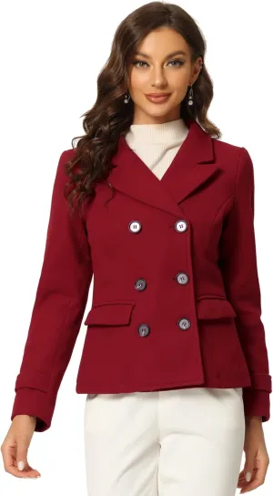 Allegra K Women's Notched Lapel Double Breasted Pea Coat
