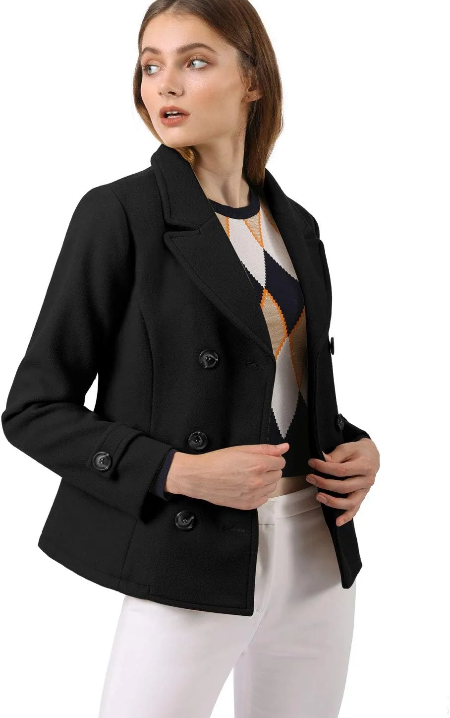 Allegra K Women's Notched Lapel Double Breasted Pea Coat