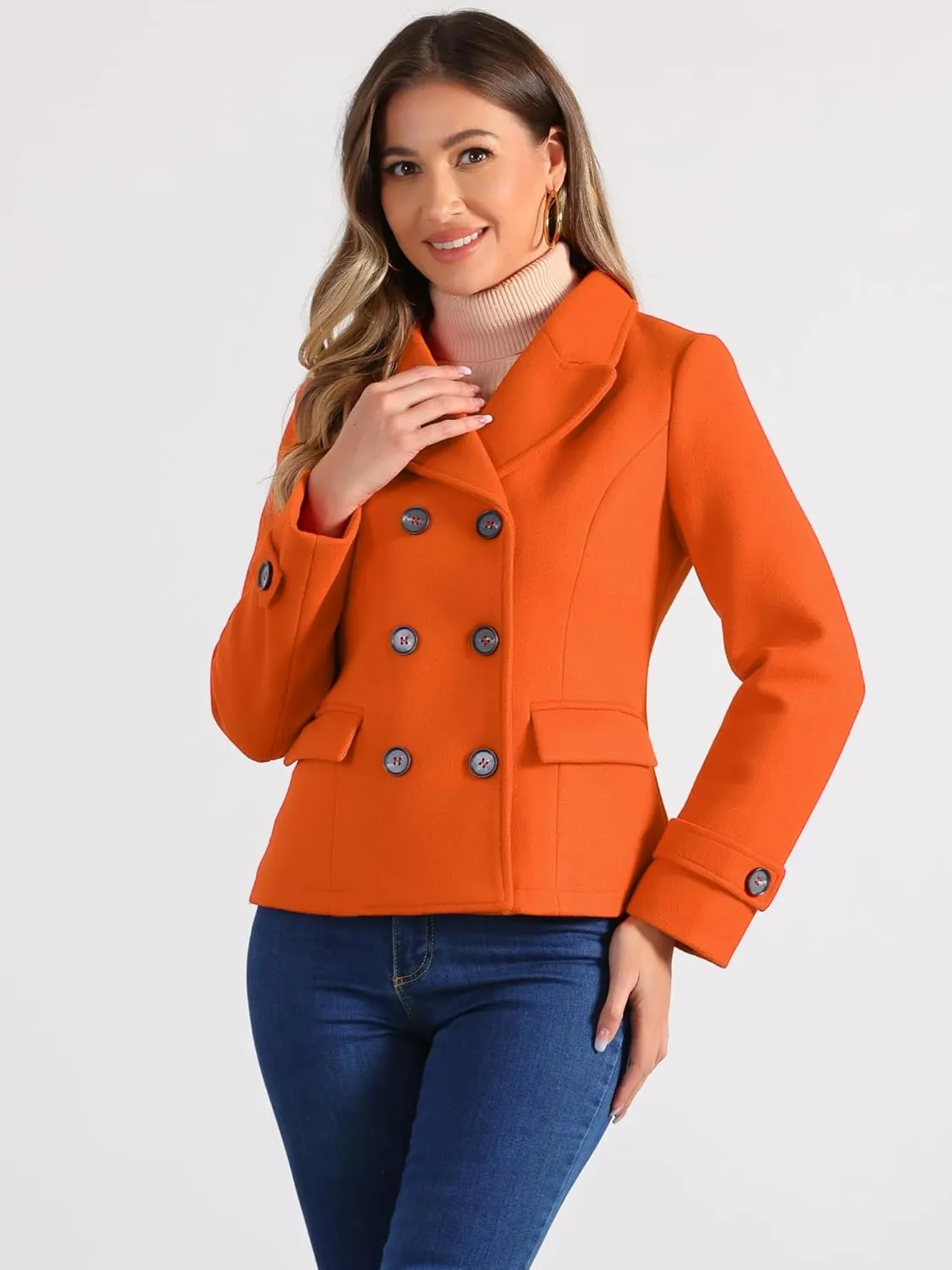 Allegra K Women's Notched Lapel Double Breasted Pea Coat