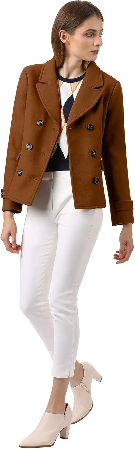Allegra K Women's Notched Lapel Double Breasted Pea Coat