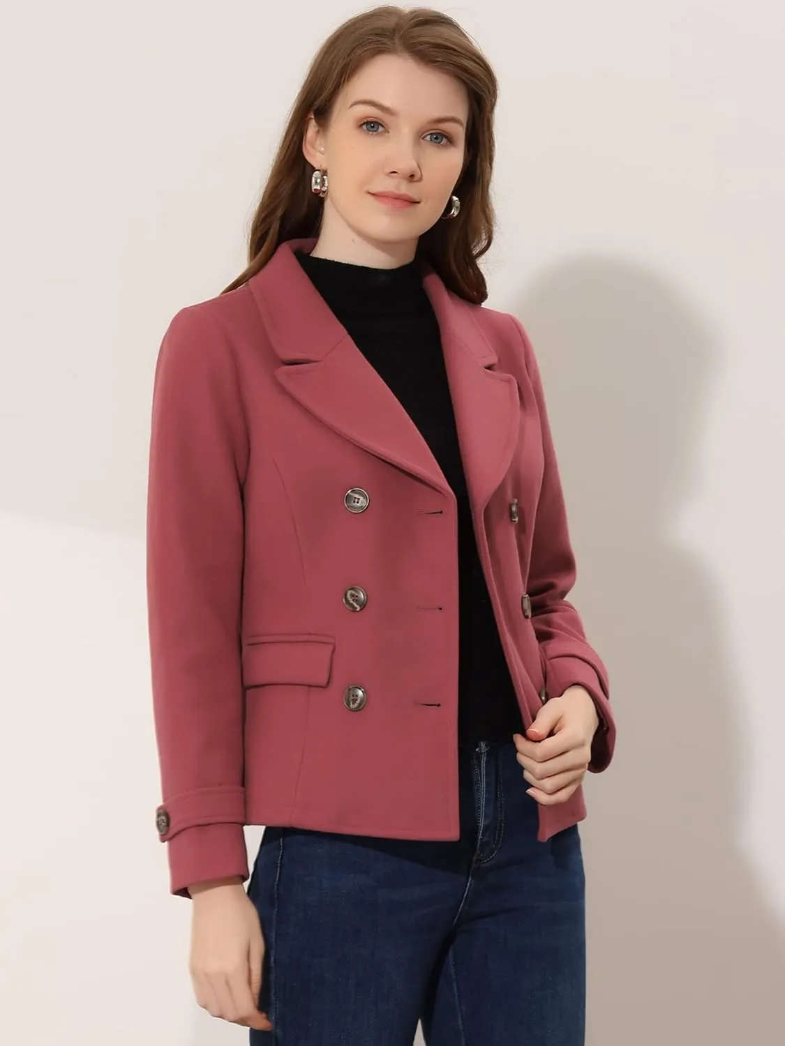 Allegra K Women's Notched Lapel Double Breasted Pea Coat
