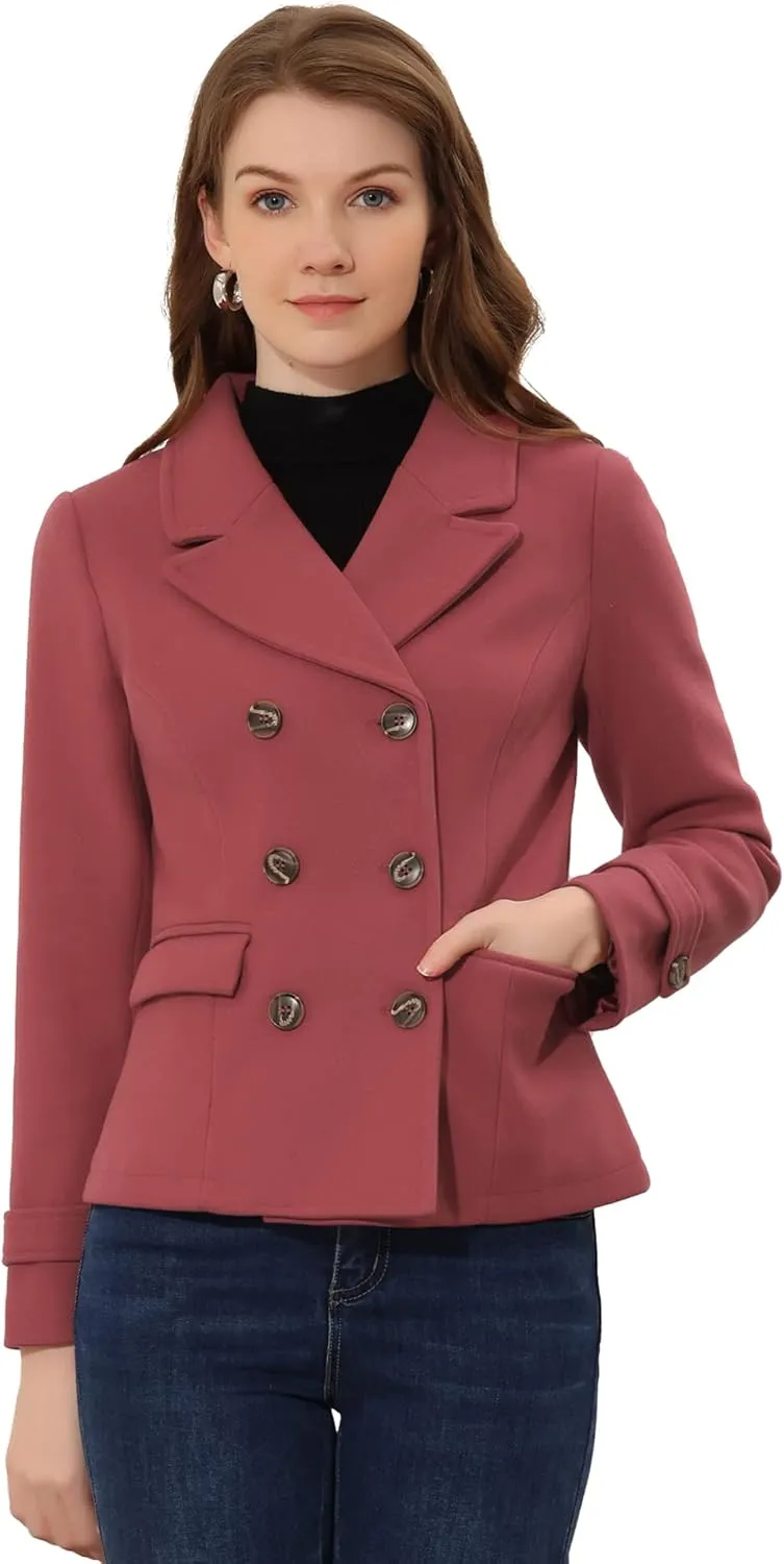 Allegra K Women's Notched Lapel Double Breasted Pea Coat