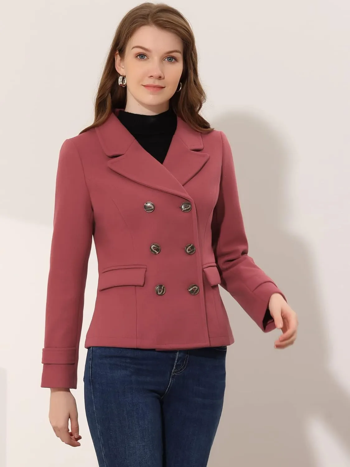 Allegra K Women's Notched Lapel Double Breasted Pea Coat